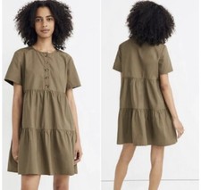 Madewell Button Front Tiered Mini Dress AO277 Olive Green Size Large