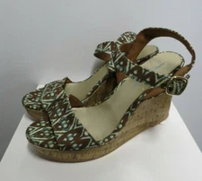 Christian Siriano for Payless Size 11 Brown Aqua Print Wedge Sandal Heel Shoes