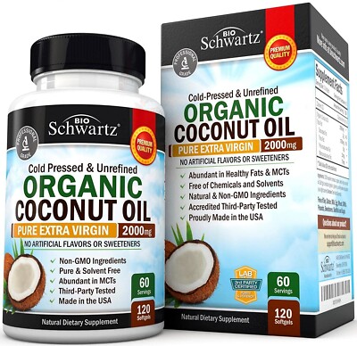 Coconut Oil Capsules 2000mg Organic Pure Extra Virgin, Unrefined, 120 ct