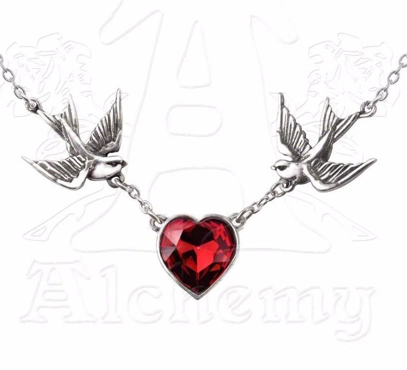 Collar Colgante Rockabilly Corazón Cristal Rojo Golondrinas Góticas Alquimia ULFP1 Foto 2 de 4