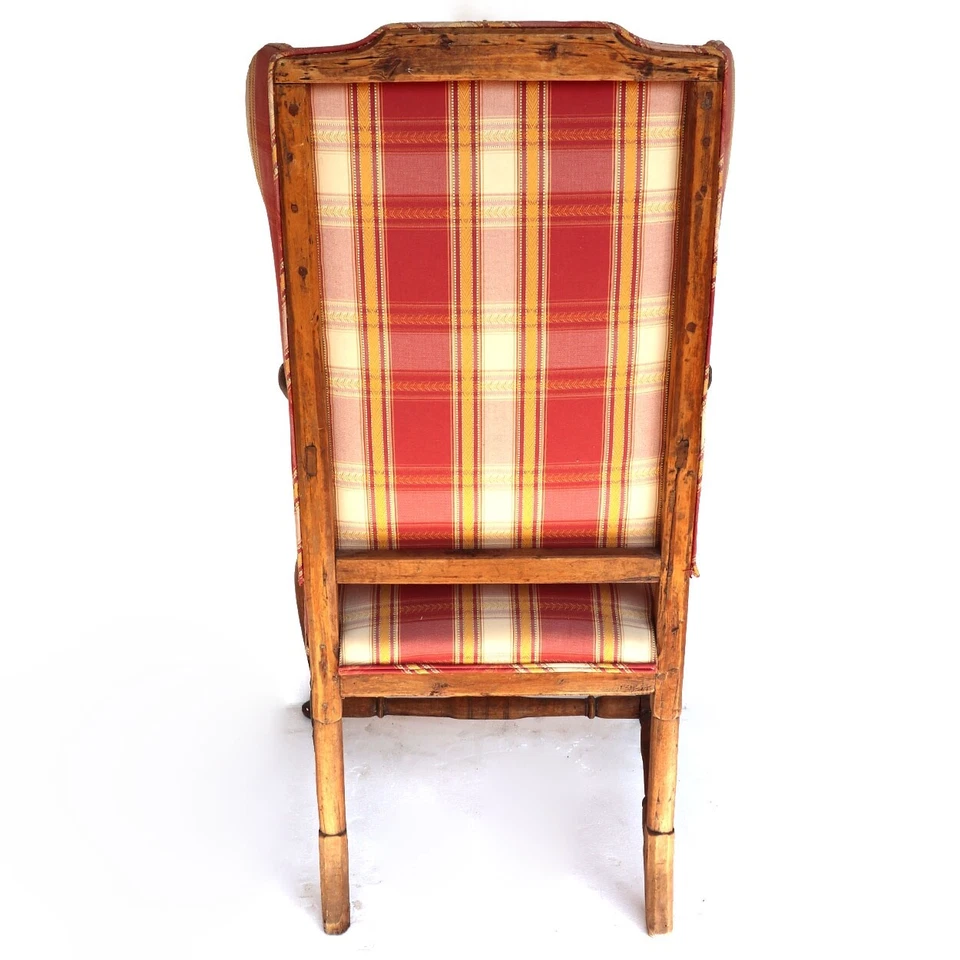 Antique Swedish Gustavian Birch Plaid Upholstered Wingback Armchair c. 1770 - Image 4 of 4