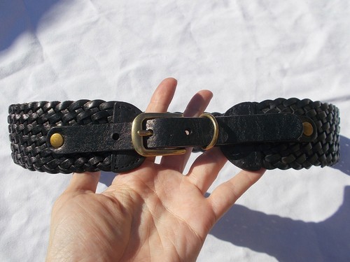 Ann Taylor LOFT size M ? 33" Womens 2" Wide Genuine Leather Braided BLACK Brass - Picture 3 of 7