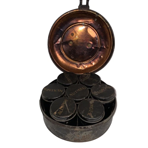 Antique C. 1830 Round Toleware Spice tin complete W 7 Spice containers