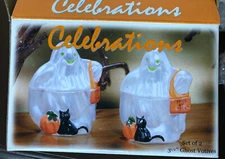 Celebrations NEW 3.5” glass Ghost Votives Candles set Black Cat Trick or Treat