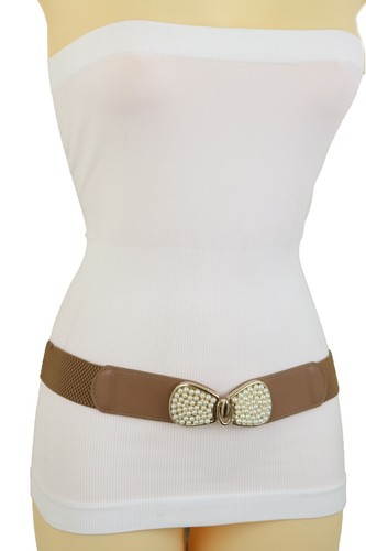 Women Fashion Skinny Brown Elastic Belt High Waist Hip Pearl Bead Bow Buckle S M - Picture 11 of 12