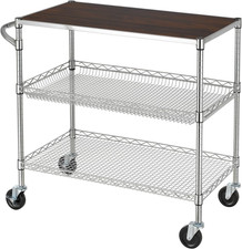 3 Tier Heavy Duty Commercial Grade Utility Cart with Wood Top, Wire Rolling Cart