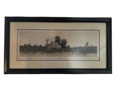 Antique 1890 Ernest Christian Rost Etching Cottage Farm Signed & Framed 31 X 17 