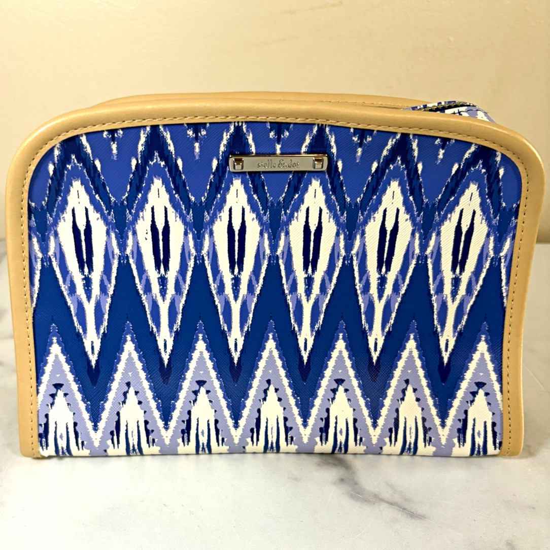 Stella & Dot Cosmetic Makeup  Bag Blue IKAT Print Tan Trim Zip Travel Case