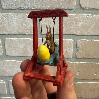 Vintage Wooden Folk Art Easter Decor Mini Rabbit Bunny on Swing Egg
