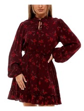 B DARLIN Womens Flounce Hem Long Sleeve Tie Neck Short Party Fit + Flare Dress