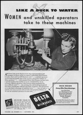 1942 Delta Drill Press Photo Female Factory Worker "Duck To Water" WWII Print Ad
