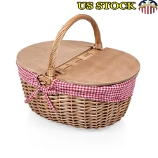 Vintage Wicker Picnic Basket W/ Split Lid For 2 Outdoor Dining Storage New