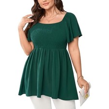 Women's Plus Size Dressy Tops Square Neck Short Sleeve Smocked Peplum Blouse Top