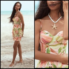 NWT Farm Rio x Anthropologie Linen Sweetheart Slim Mini Dress MEDIUM Pink Floral