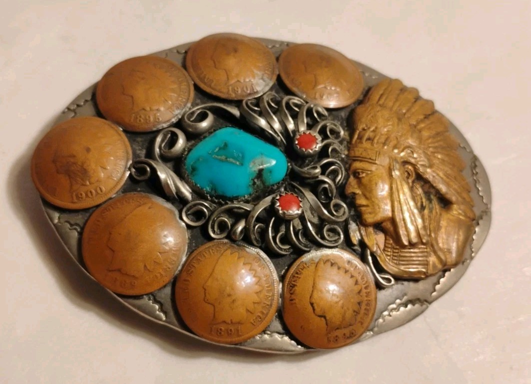 Vintage Native American Indian Head Cent Belt Buckle G.Silver Turquoise Coral