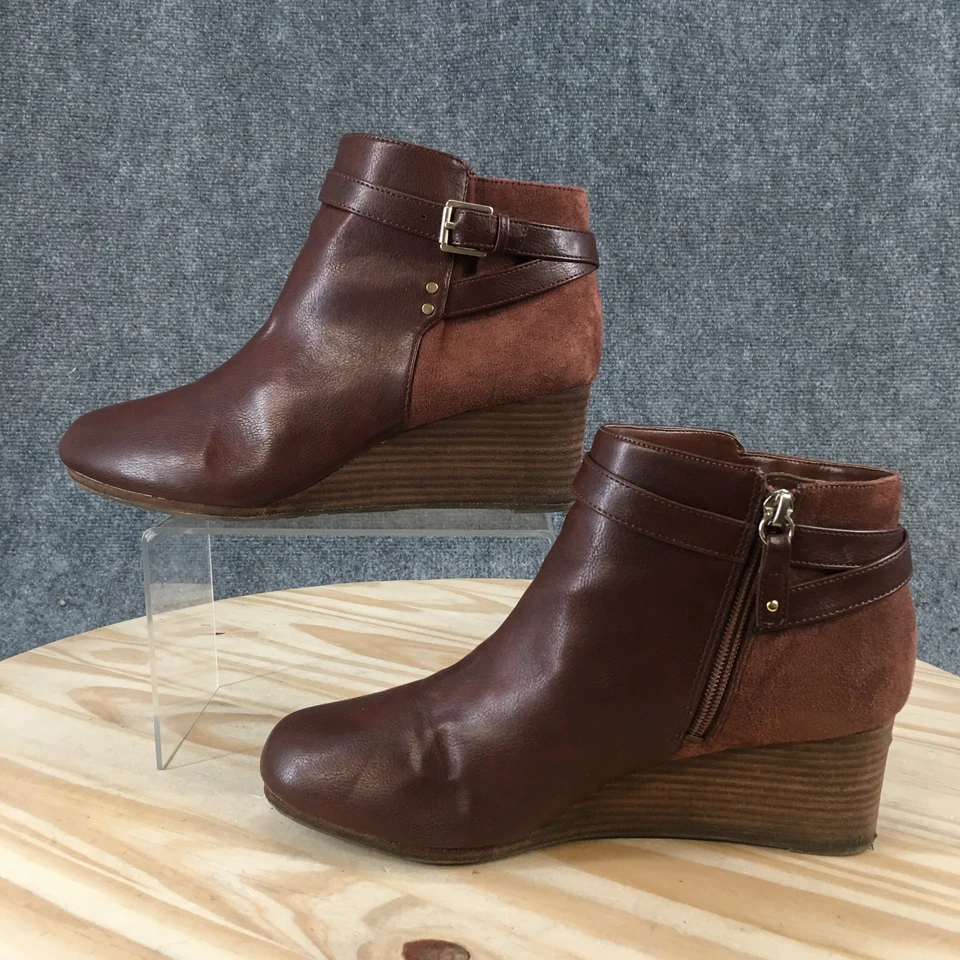 Dr. Scholls Boots Womens 9 Wide Double Bootie Brown Faux Leather Ankle Top Wedge - Image 2 of 4