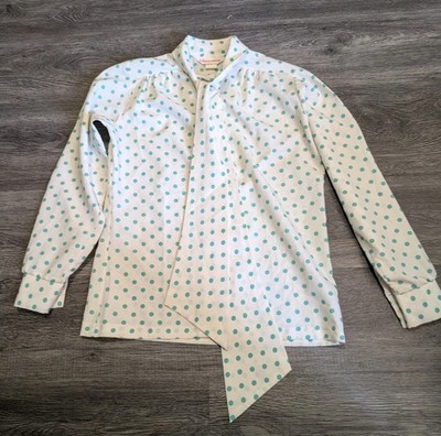 Vintage Laura Mae 1970s Polka Dot Pussy Bow Blouse - Cream & Teal/Aqua