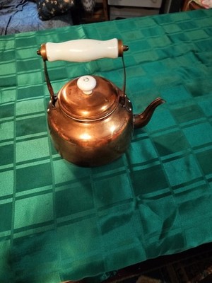 Vintage Copper Tea Kettle w/ White Enamel Handle   Rustic Farmhouse Decor