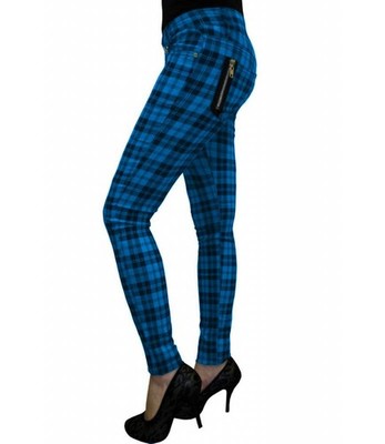 Pantalón de Cuadros Skinny Azul y Negro con Cremallera en Bolsillos Traseros |