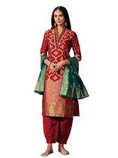 Women's Silk Blend Straight Embroidered Banarasi Kurta Salwar Set with Dupatta