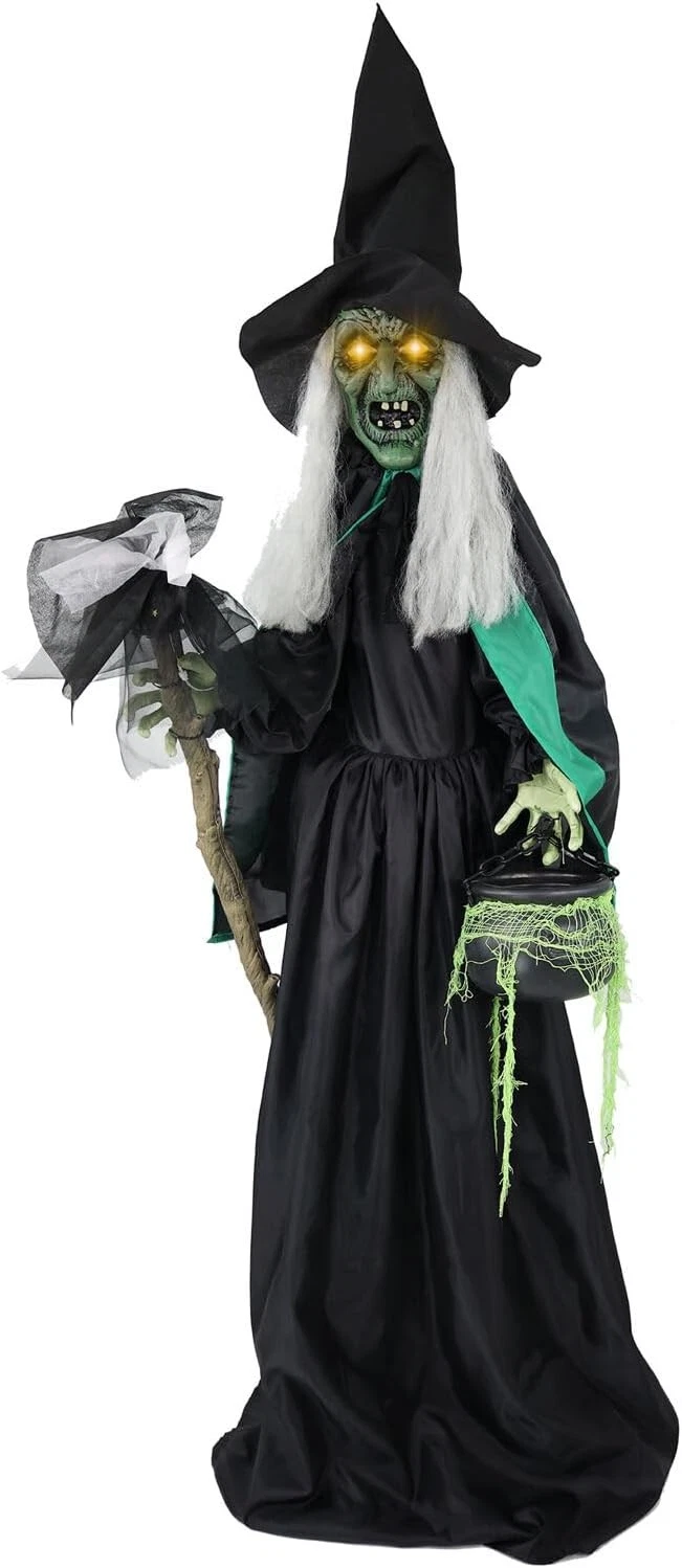 6ft Life Size Animatronic Talking Witch Cauldron Broom Light Up Halloween Prop