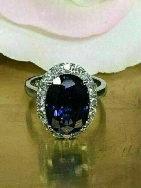 3CT Oval-Cut Lab Created Blue Sapphire Halo Engagement Ring 925 Sterling Silver