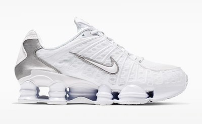 Size 10.5 - Nike Men s Shox TL Shoe, White/Metallic Silver/Max Orange Shoes