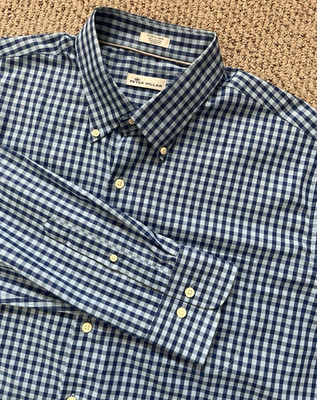 Peter Millar Button-Up Shirt Mens XL Blue Check Long Sleeve Button-Down EUC