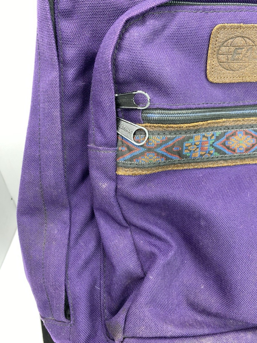 Vintage 90s Eastpak Suede Leather Bottom Purple Backpack Aztec