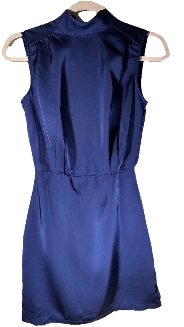 Lulus Navy Blue Satin Stunning Mock Neck Sleeveless Mini Dress - Size XS