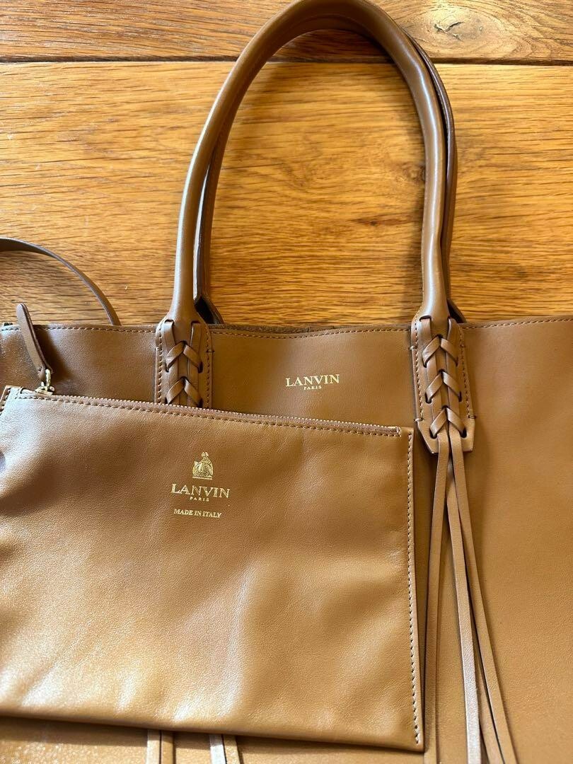 LANVIN PARIS Fringed-handle shopper Leather tote bag Camel Beige 