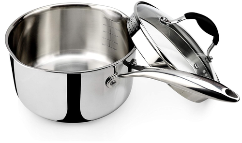 Tri-Ply Stainless Steel Saucepan with Glass Strainer Lid, Two Side Spouts