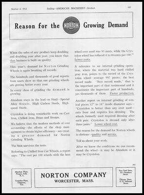 1912 Norton Worcester Grinding Wheels Reason For Growing Demand Vintage Print Ad