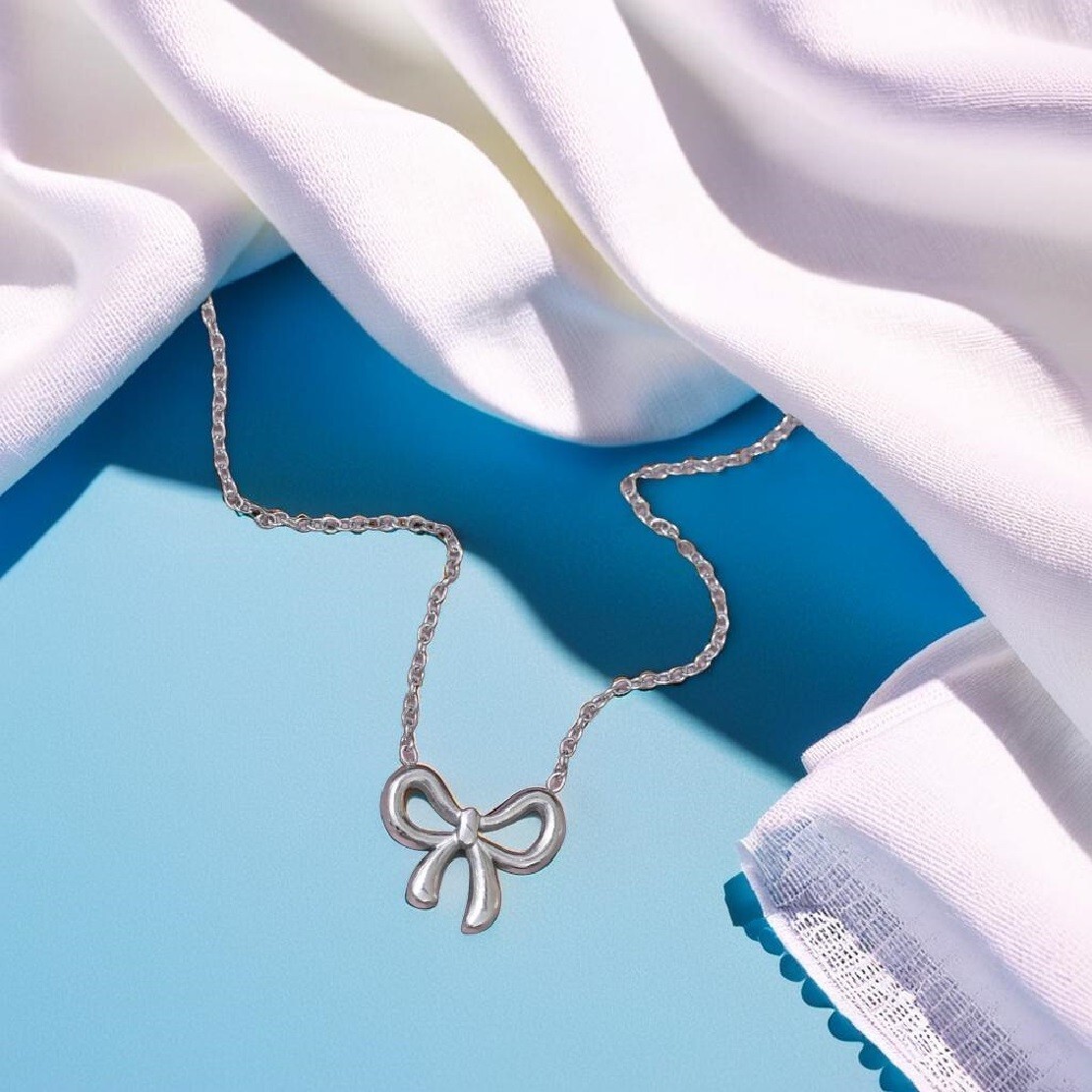 Serenity Bow Pendant Necklace, Knotted Ribbon Design on Cable Chain, Cute Gift