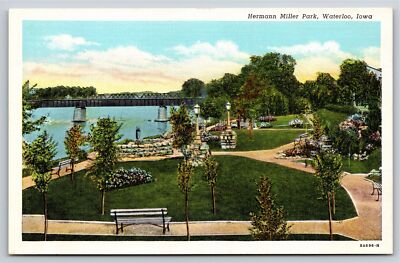 Waterloo Iowa~Scenic View Of Hermann Miller Park & Bridge~Vintage Linen Postcard