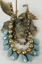 LIA SOPHIA Beaded Brass Bib Necklace 17” Blue Acrylic Charms Layered Rolo Chain