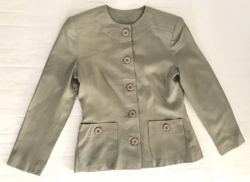 Blazer Adele Simpson Lino Talla 10 Verde Vintage Botón Frontal Top Chaqueta - Imagen 8 de 10