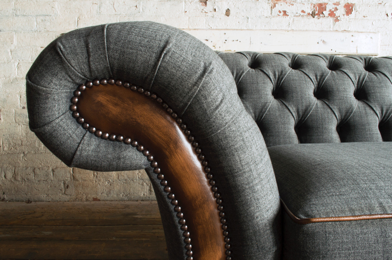 Handmade 3 Seater Grey Wool & Antique Tan Brown Leather Chesterfield ...