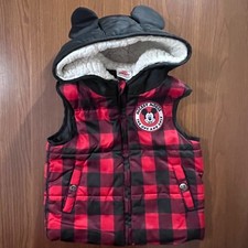 Disney Mickey Mouse Ears Hooded Puffer Vest Size 3T Black Red Plaid