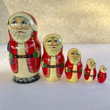 Santa Claus Nesting Dolls Russian Matryoshka 5 Pc Signed Wood VTG 6”