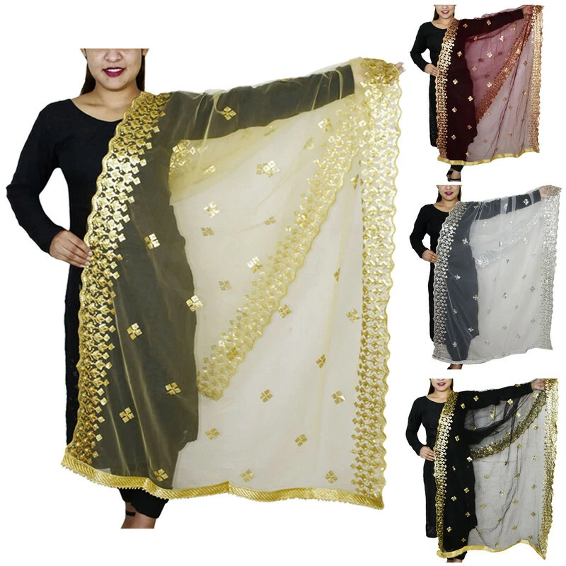 Womenu0026#039;s Embroidered Net Dupatta Scarves Golden Border Shawl Wrap For  Party Wear | eBay