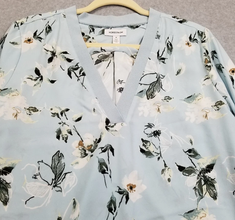 Blusa túnica Nordstrom para mujer mediana M azul verde blanco floral manga larga Foto 2 de 4