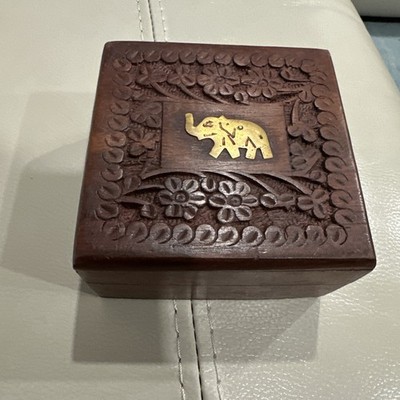 Wooden Rosewood Brass Elephant Inlay Handmade Jewelry Trinket Box  4x4x2 vtg