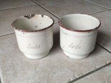 Seife & Soda Emaille Becher Wei&szlig; Rot Antik um 1910