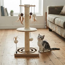 Modern Beige Cat Scratching Post with Tracking Ball Hanging Toys - 25 inches