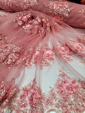3d Lace Coral 3d Floral Rhinestones Embroidery Fabric Sold By The Yard Scalloped