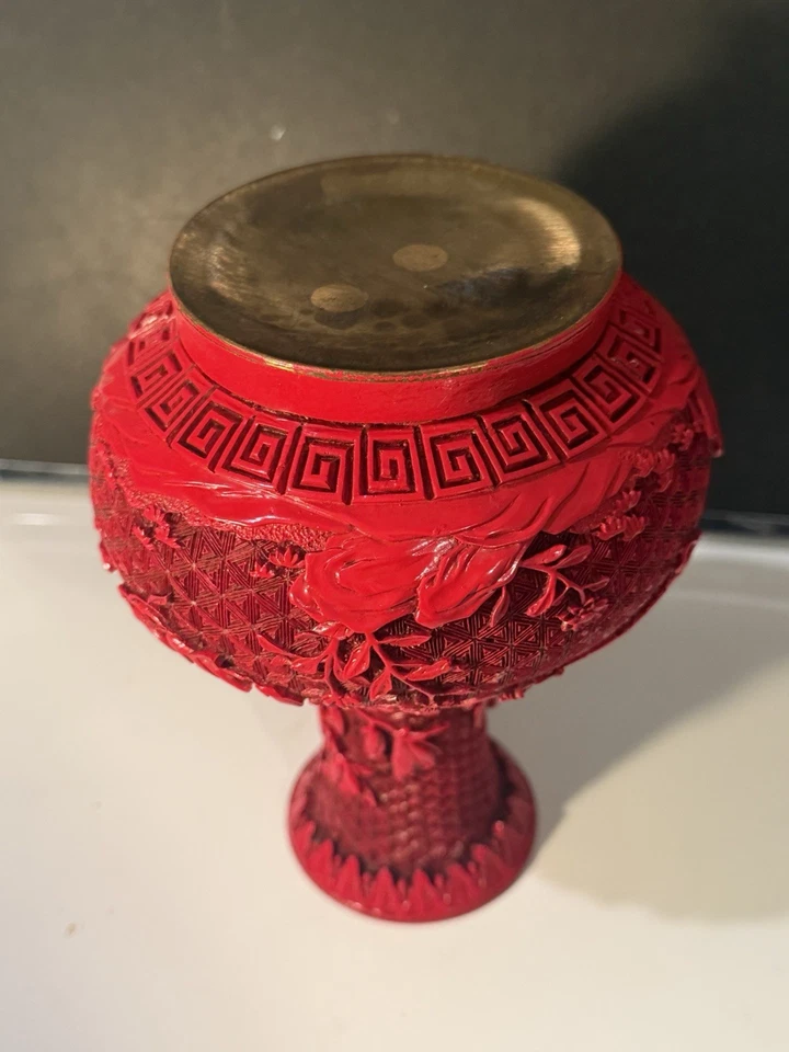 Jarrón Yuhu chino vintage de laca de cinabrio rojo arte y diseño Yun Kang #G Foto 3 de 4