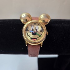 Vintage 80's Mickey Mouse Watch with 10kt Gold Ears/Face-Genuine Leather Band