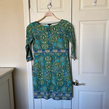 Talbots 3/4 Sleeve Paisley Ponte Dress Green Multi-Color Women's Petites 6
