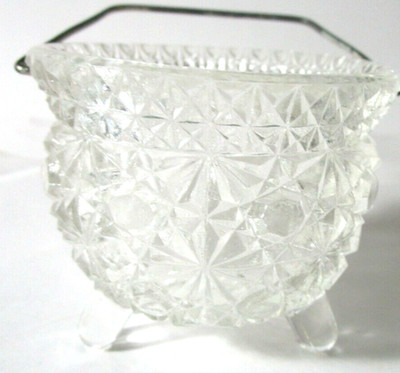 Vintage Crystal Cut Glass Sugar Cube Bowl Metal Handle